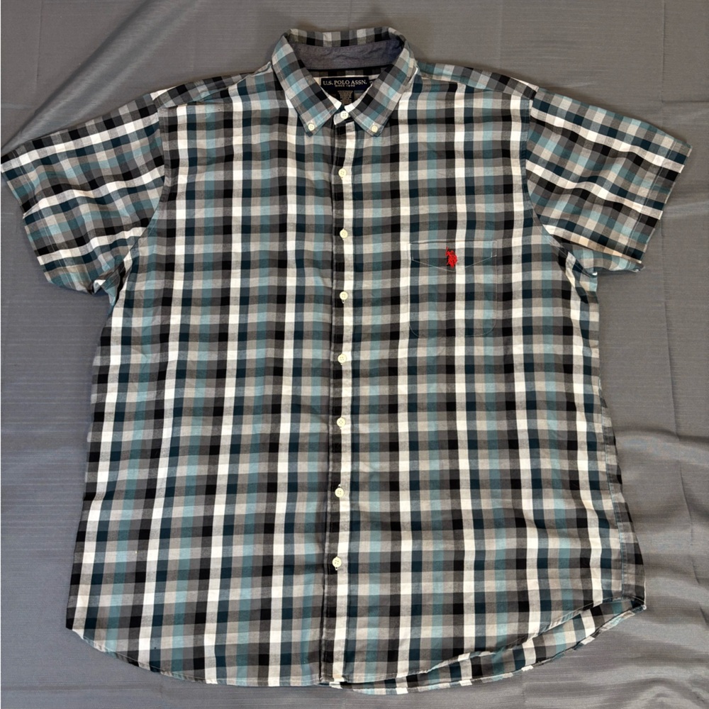 U.S. Polo Assn Plaid Button Down Shirt Men’s 2X XXL Blue Teal Check Cotton Blend